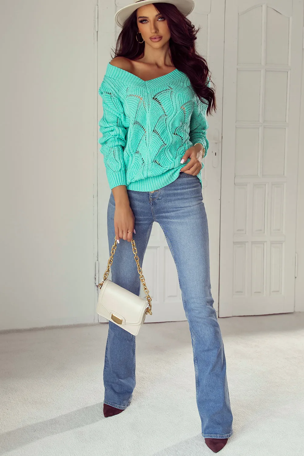 Mint Green Hollow Out Knit V Neck Drop Shoulder Sweater sold by Beagle Boutique product image thumbnail 4