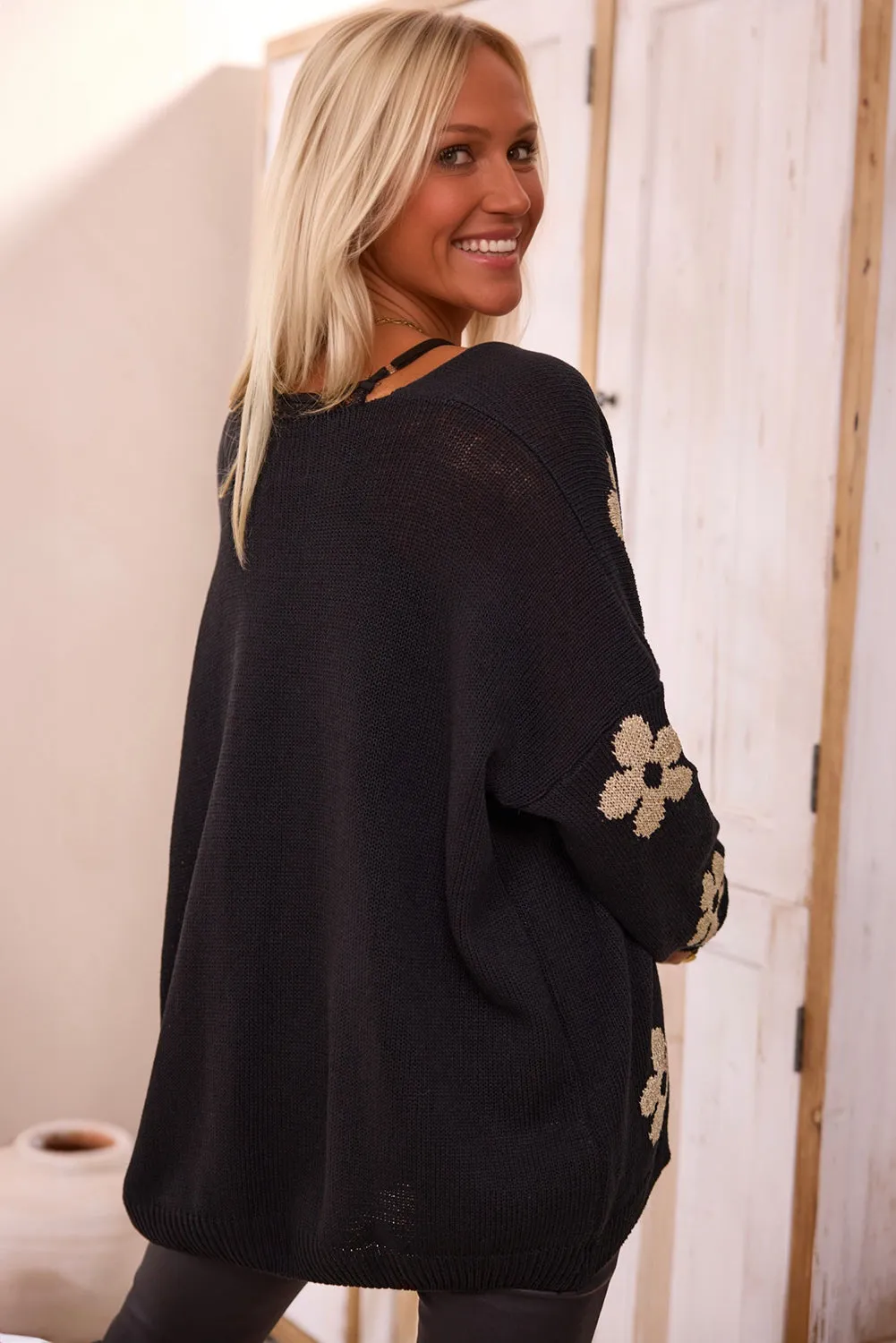 Black Floral Print Knitted Open Front Loose Cardigan sold by Beagle Boutique product image thumbnail 2