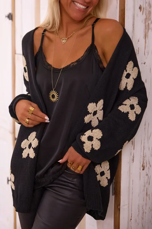 Black Floral Print Knitted Open Front Loose Cardigan sold by Beagle Boutique