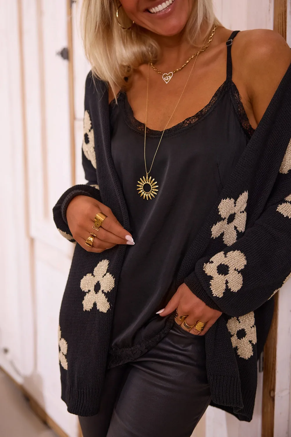Black Floral Print Knitted Open Front Loose Cardigan sold by Beagle Boutique product image thumbnail 4