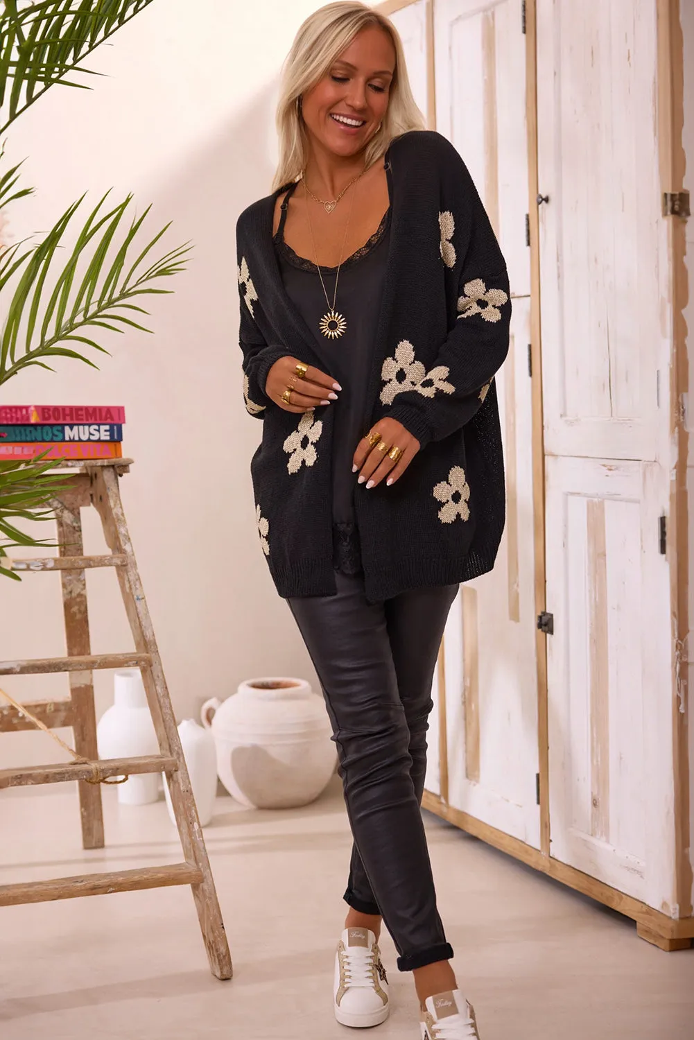 Black Floral Print Knitted Open Front Loose Cardigan sold by Beagle Boutique product image thumbnail 5