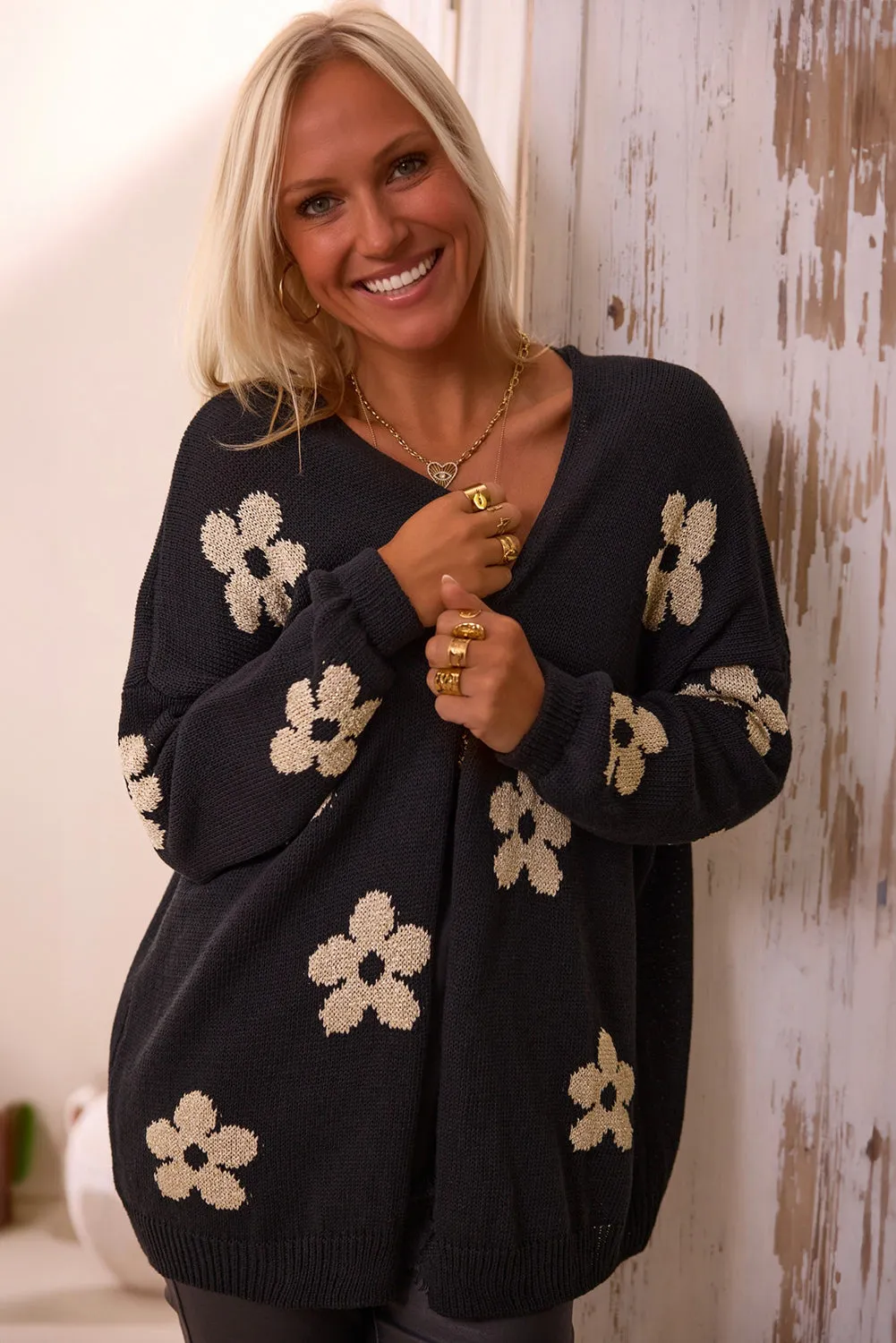 Black Floral Print Knitted Open Front Loose Cardigan sold by Beagle Boutique product image thumbnail 3
