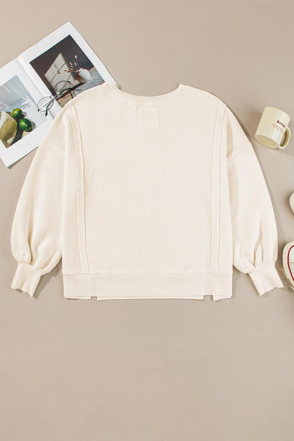 White Waffle knit Bishop Sleeve Split Oversized Top sold by Beagle Boutique product image thumbnail 5