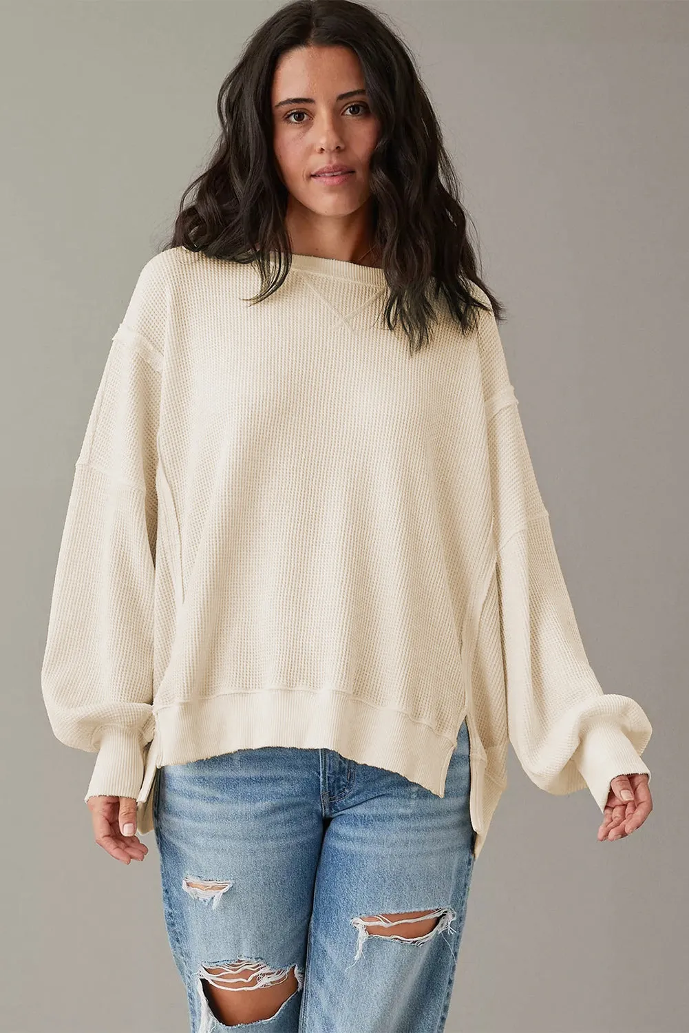 White Waffle knit Bishop Sleeve Split Oversized Top sold by Beagle Boutique product image thumbnail 3