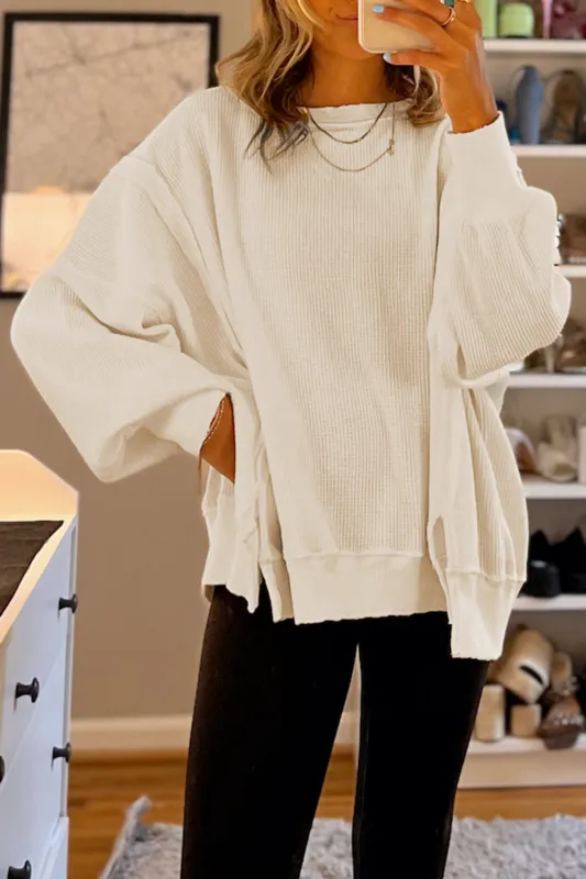 White Waffle knit Bishop Sleeve Split Oversized Top sold by Beagle Boutique