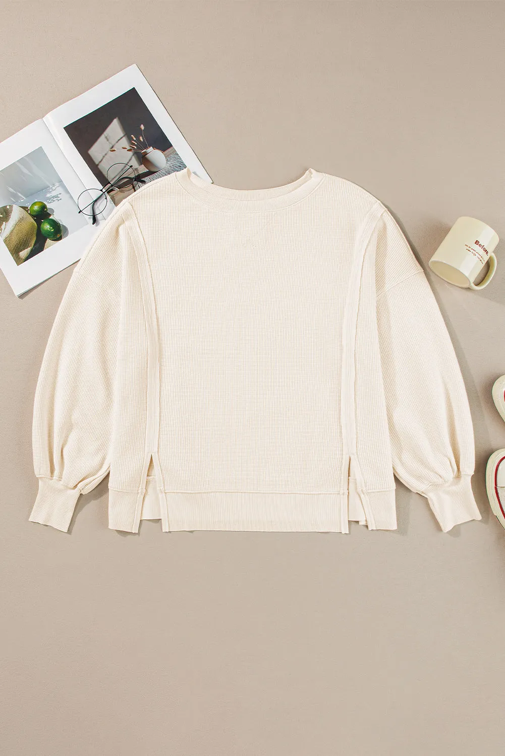 White Waffle knit Bishop Sleeve Split Oversized Top sold by Beagle Boutique product image thumbnail 4