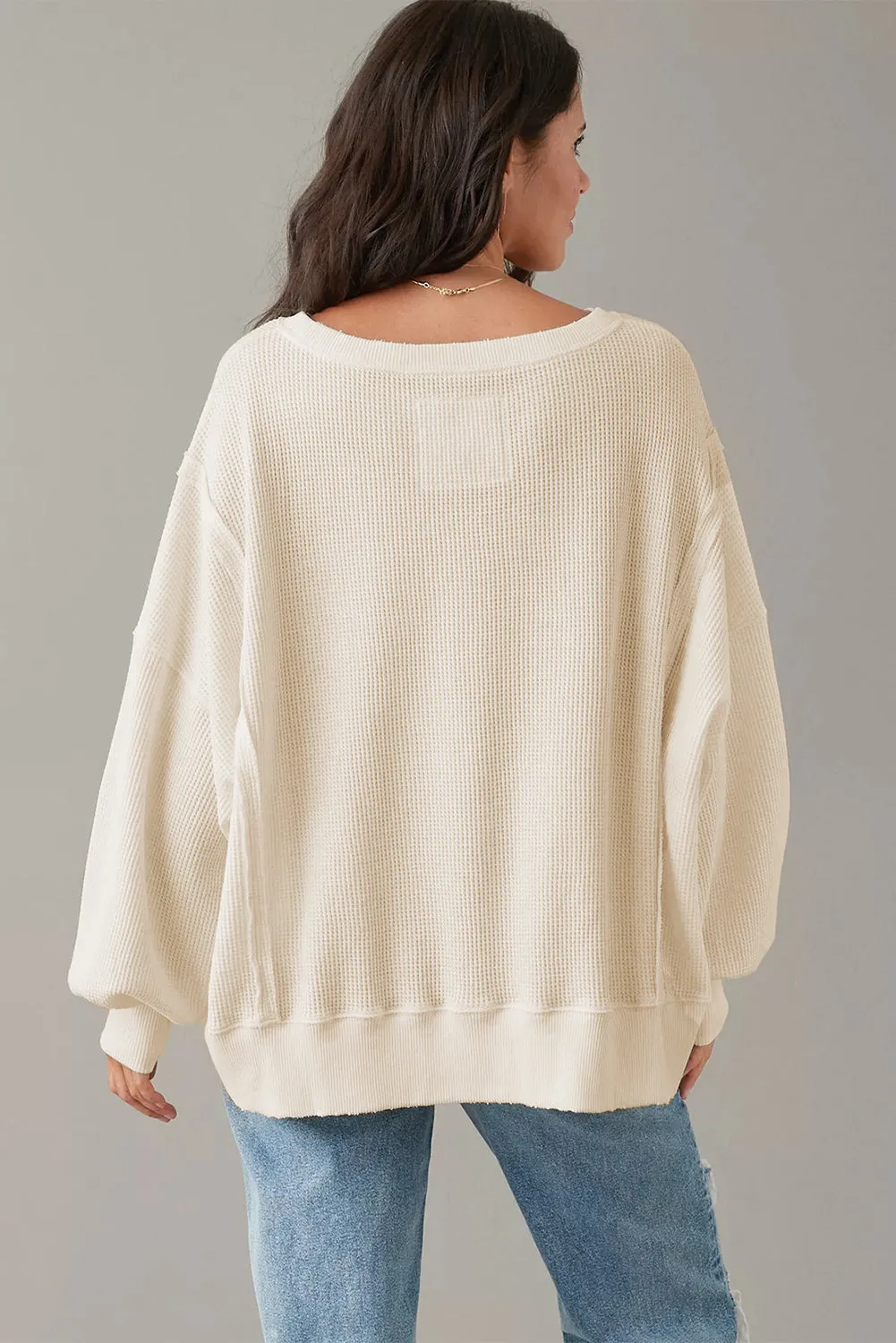 White Waffle knit Bishop Sleeve Split Oversized Top sold by Beagle Boutique product image thumbnail 2