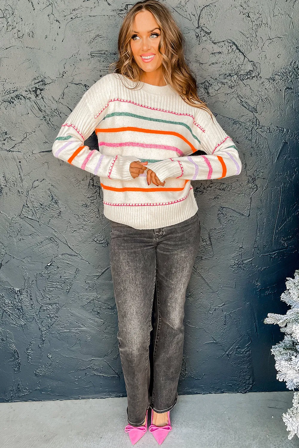 White Colourful Striped Ribbed Trim Sweater sold by Beagle Boutique product image thumbnail 5