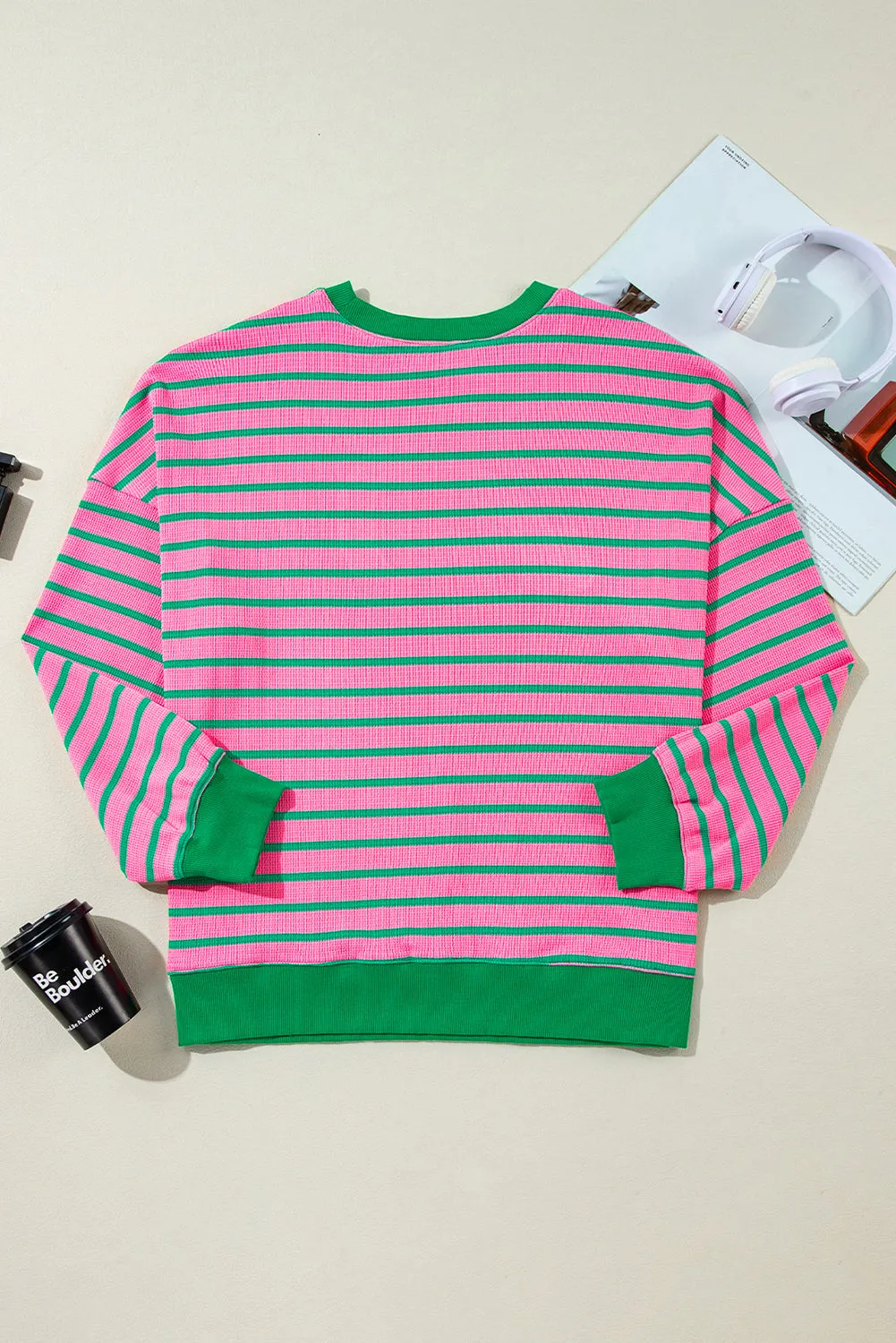Pink Stripe Waffle Knit Crew Neck Plus Size Sweatshirt sold by Beagle Boutique product image thumbnail 5