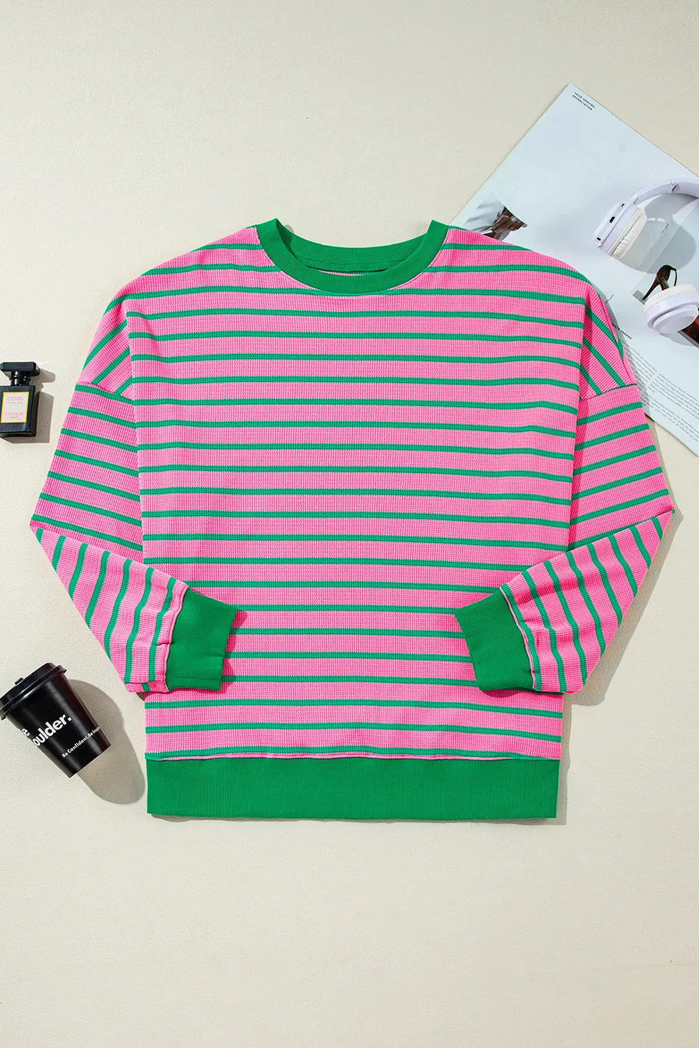 Pink Stripe Waffle Knit Crew Neck Plus Size Sweatshirt sold by Beagle Boutique product image thumbnail 4