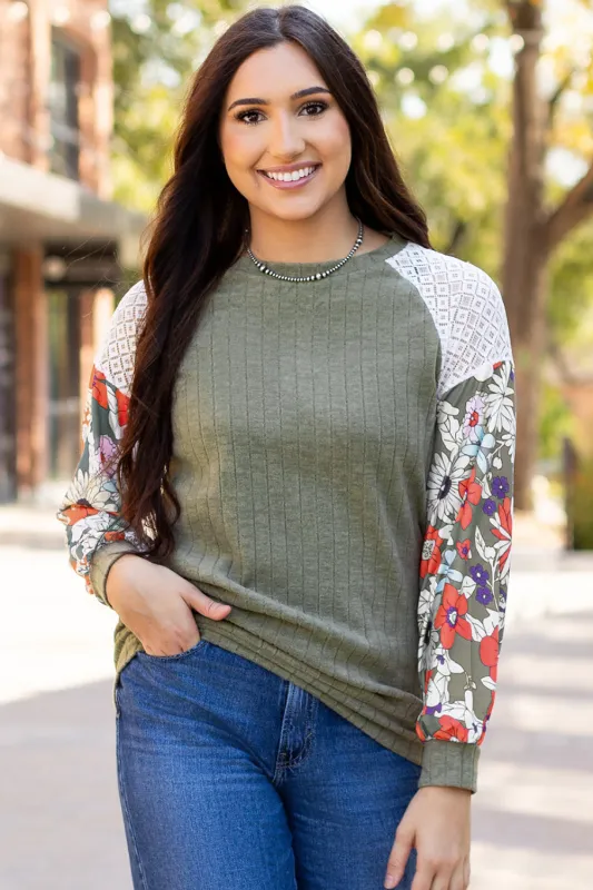 Laurel Green Floral Patchwork Long Sleeve Ribbed Blouse sold by Beagle Boutique