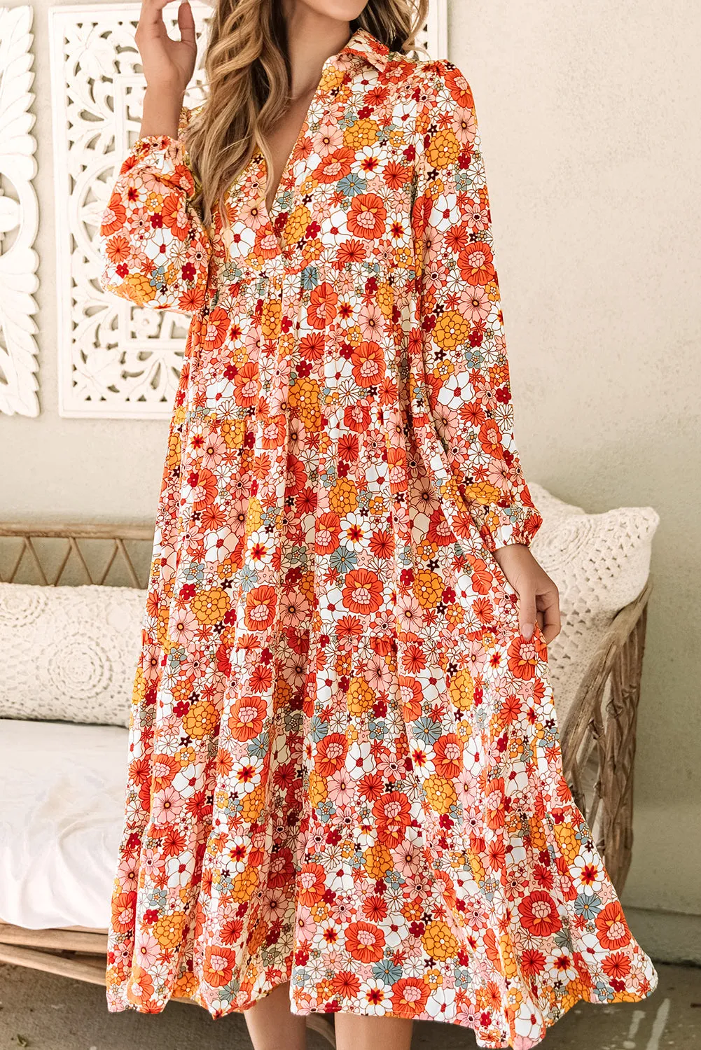 MultiColour Boho Floral Collared Long Sleeve Ruffled Dress sold by Beagle Boutique product image thumbnail 4