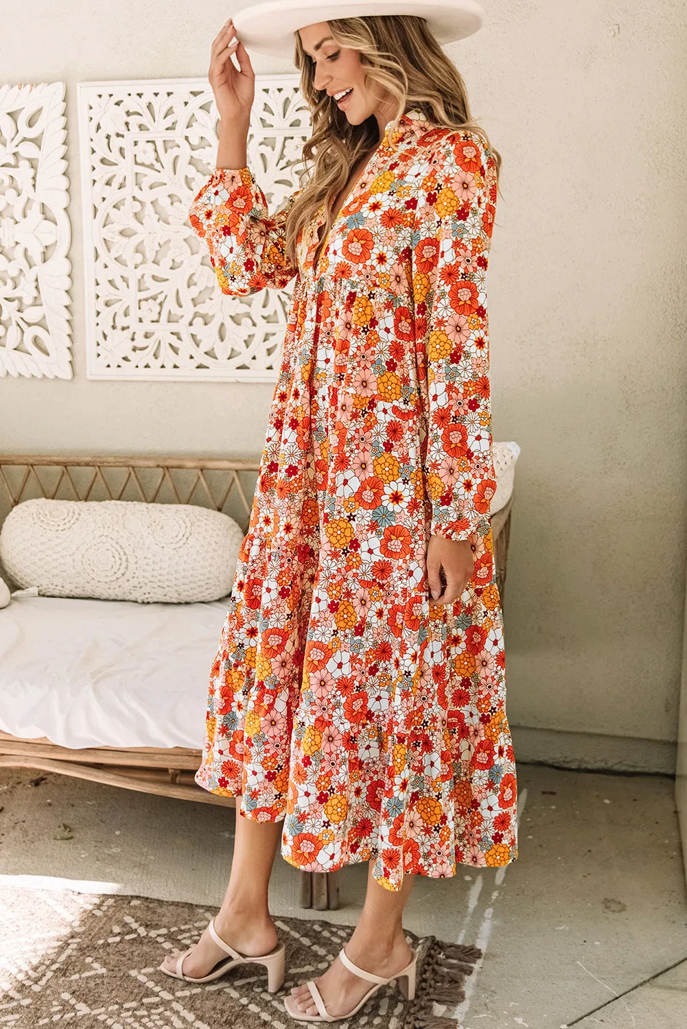 MultiColour Boho Floral Collared Long Sleeve Ruffled Dress sold by Beagle Boutique product image thumbnail 3