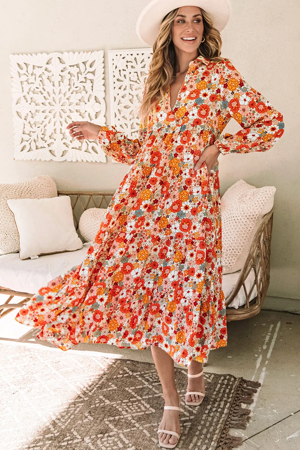 MultiColour Boho Floral Collared Long Sleeve Ruffled Dress sold by Beagle Boutique