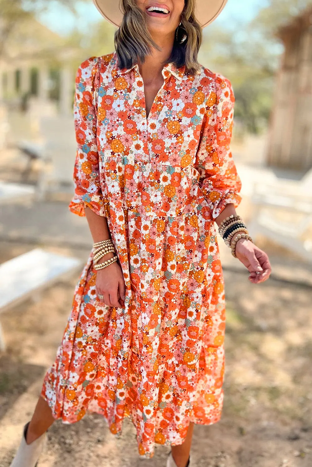 MultiColour Boho Floral Collared Long Sleeve Ruffled Dress sold by Beagle Boutique product image thumbnail 5