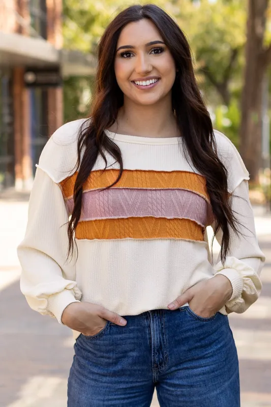 White Corded Exposed Seam Knit Patchwork Drop Sleeve Top sold by Beagle Boutique
