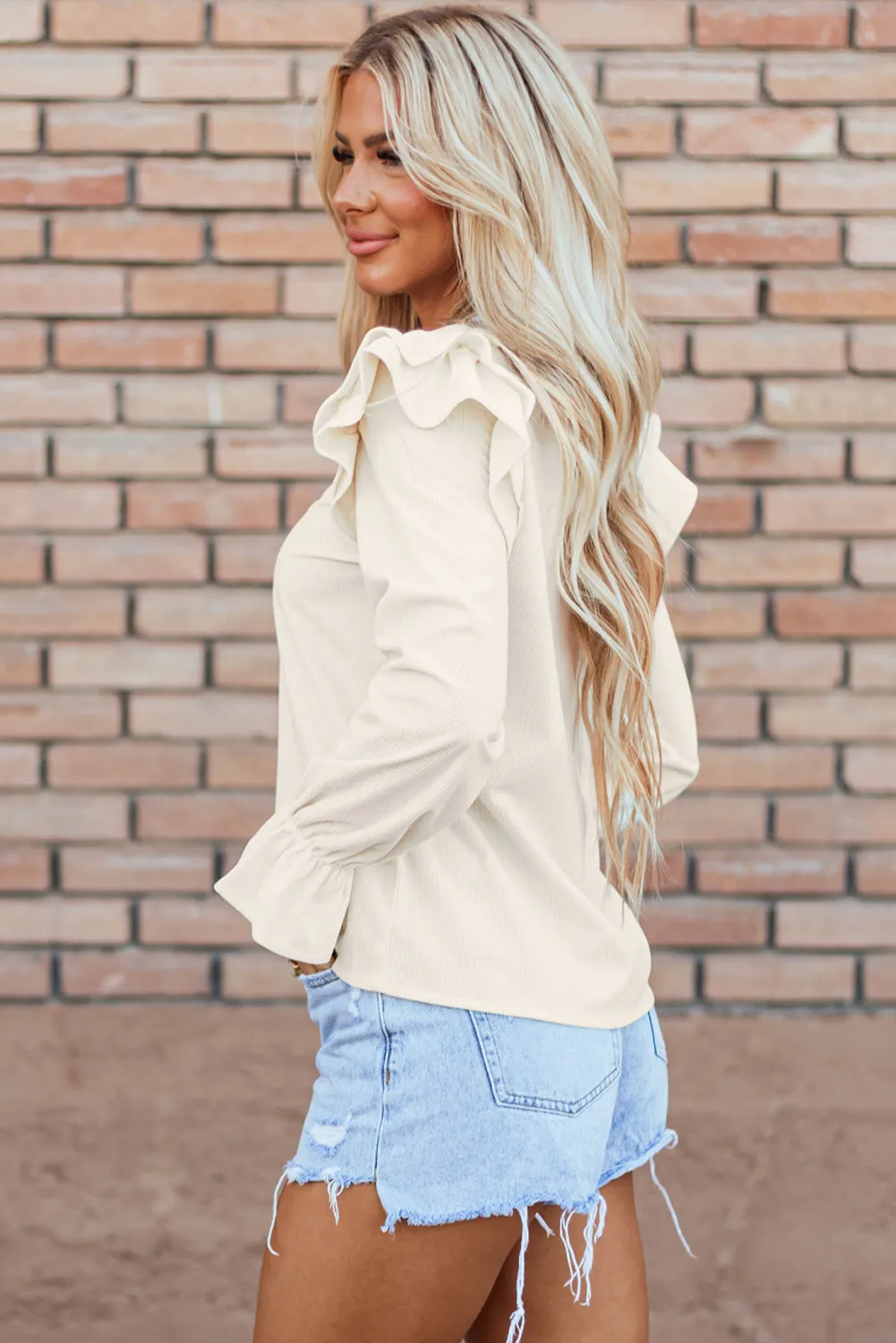 Beige Ruffled Flounce Sleeve Corduroy Blouse sold by Beagle Boutique product image thumbnail 3