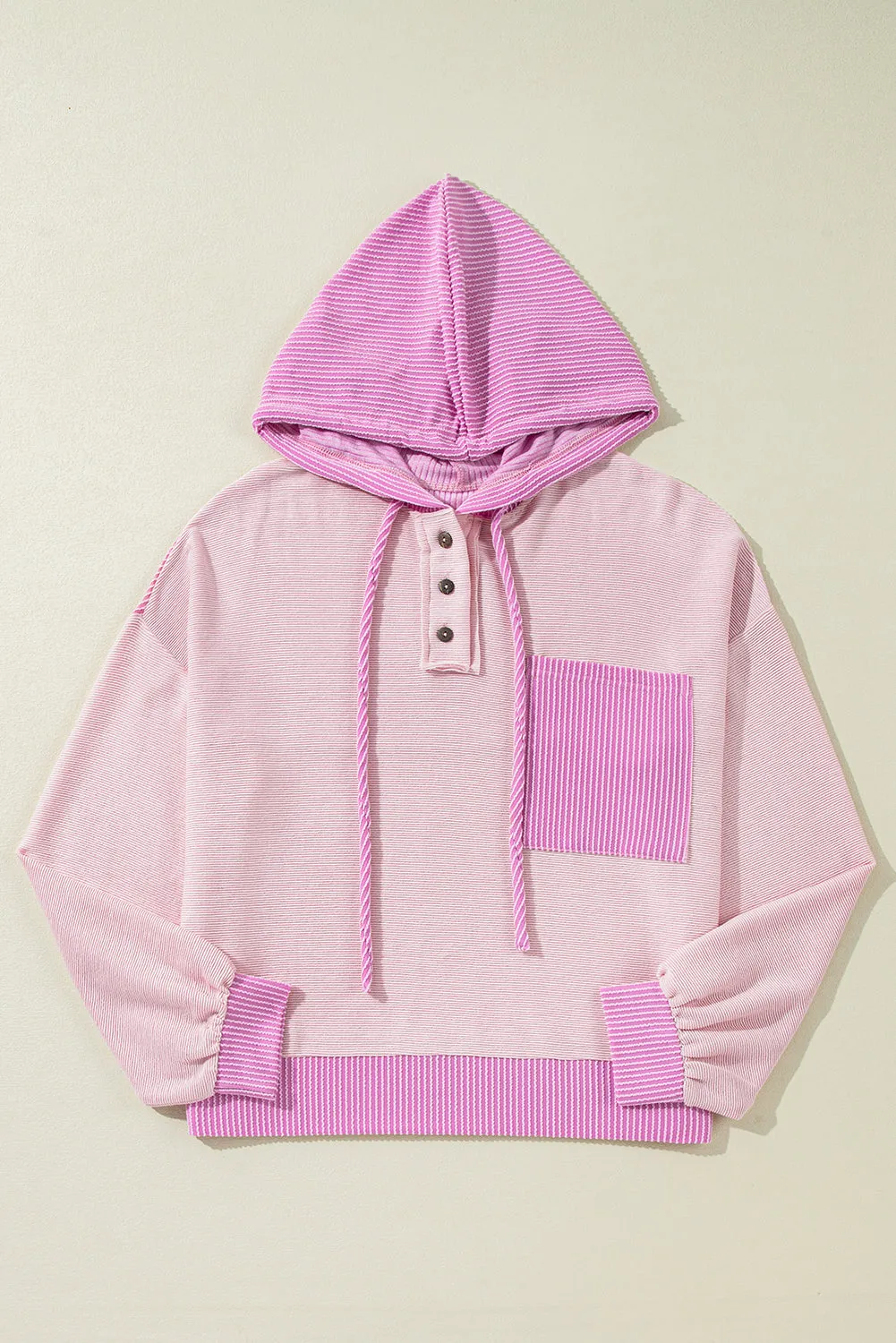 Light Pink Ribbed Colourblock Patch Pocket Drawstring Hooded Top sold by Beagle Boutique product image thumbnail 4