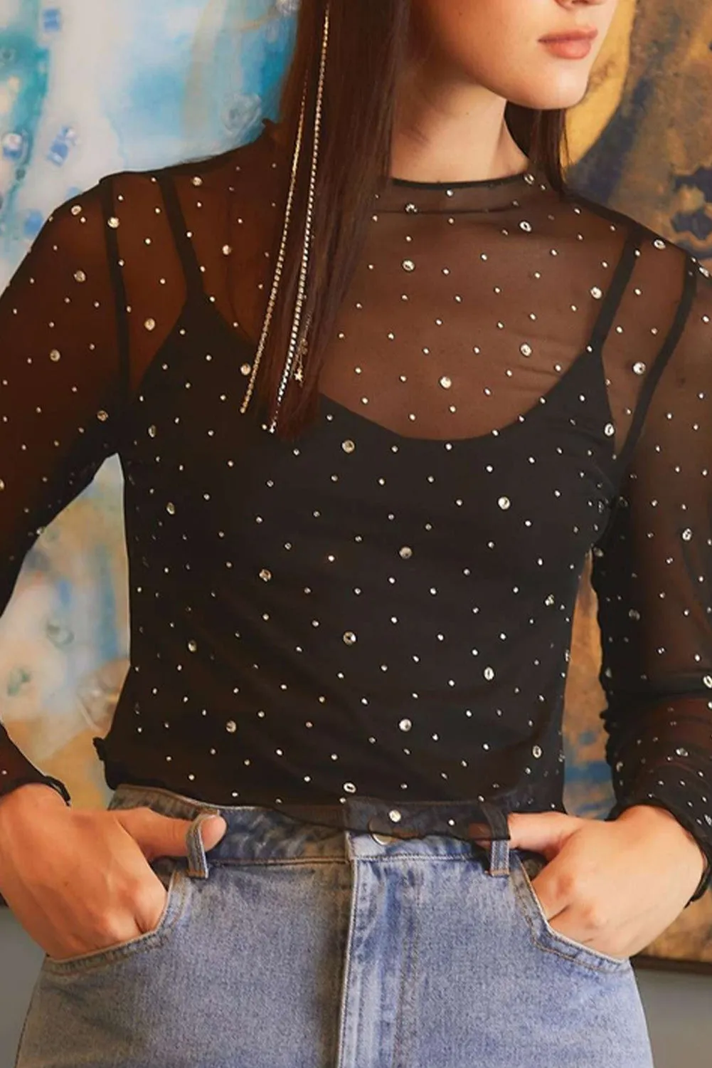 Black Rhinestone Sheer Mesh Slim Fit Long Sleeve Top sold by Beagle Boutique