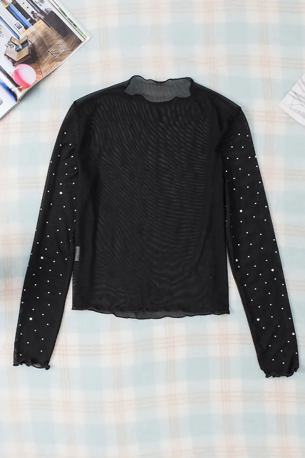 Black Rhinestone Sheer Mesh Slim Fit Long Sleeve Top sold by Beagle Boutique product image thumbnail 5