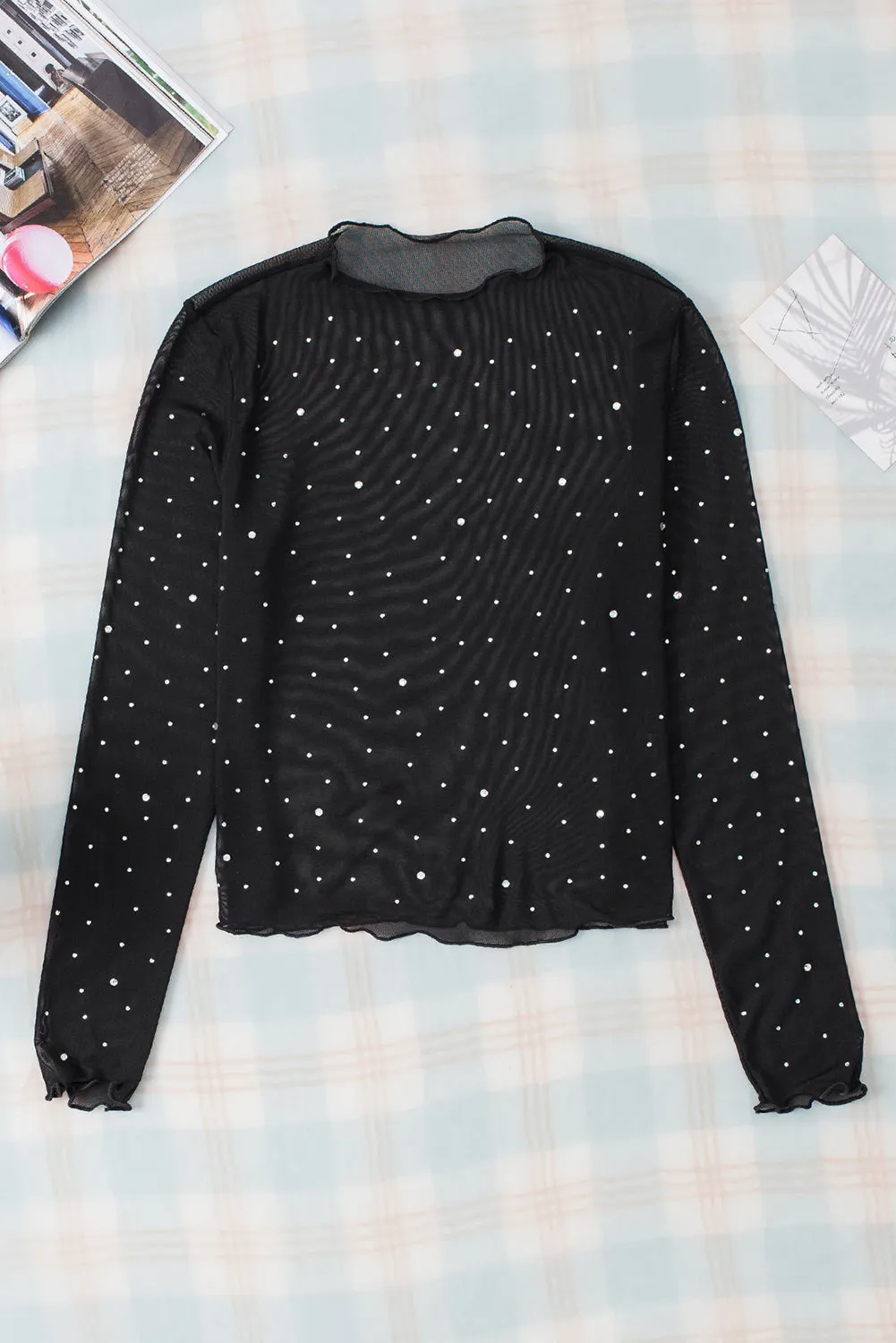 Black Rhinestone Sheer Mesh Slim Fit Long Sleeve Top sold by Beagle Boutique product image thumbnail 4