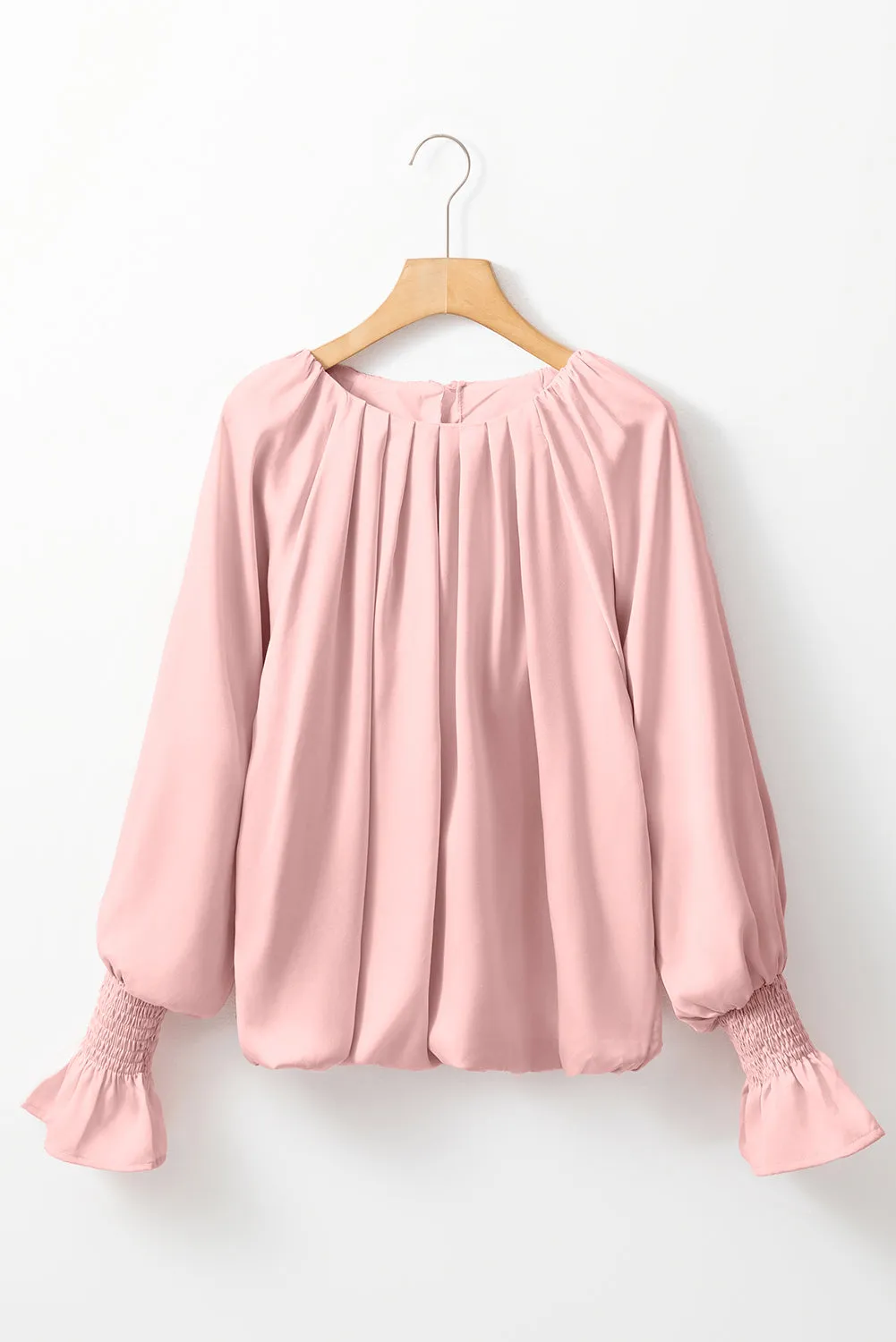 Apricot Pink Pleated Round Neck Flounce Sleeve Satin Blouse sold by Beagle Boutique product image thumbnail 4