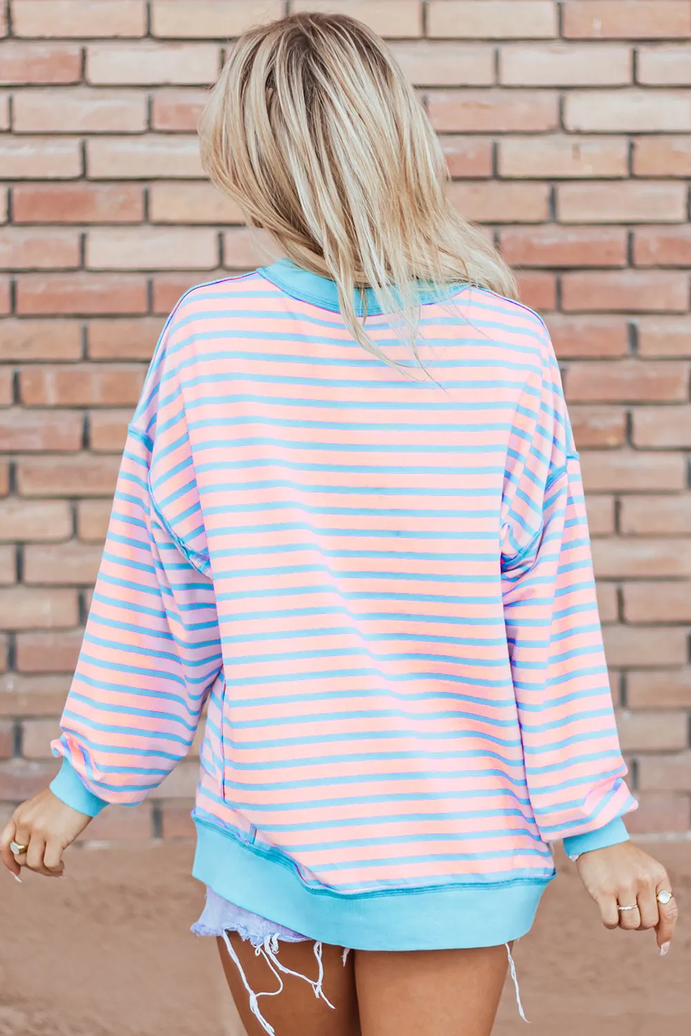 Pink Stripe Contrast Trim High Low Pullover Tunic Sweatshirt sold by Beagle Boutique product image thumbnail 3
