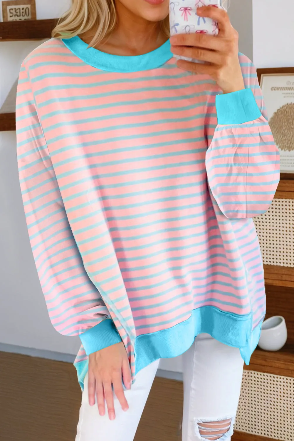 Pink Stripe Contrast Trim High Low Pullover Tunic Sweatshirt sold by Beagle Boutique