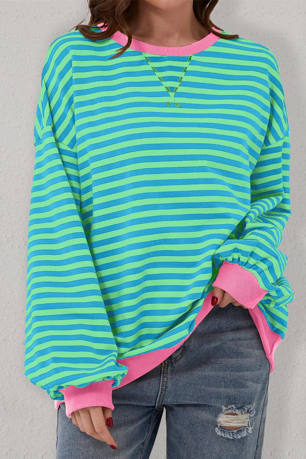 Sky Blue Stripe Oversized Contrast Trim Pullover Sweatshirt sold by Beagle Boutique product image thumbnail 4
