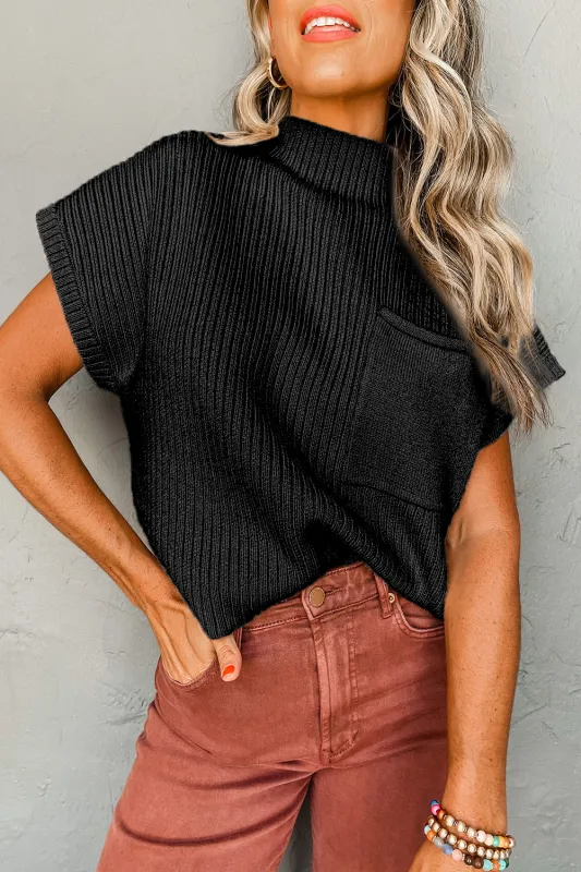 Black Patch Pocket Ribbed Knit Short Sleeve Sweater sold by Beagle Boutique