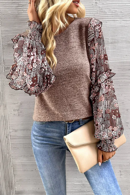 Pale Chestnut Ruffle Tiered Floral Sleeve Crew Neck Blouse sold by Beagle Boutique