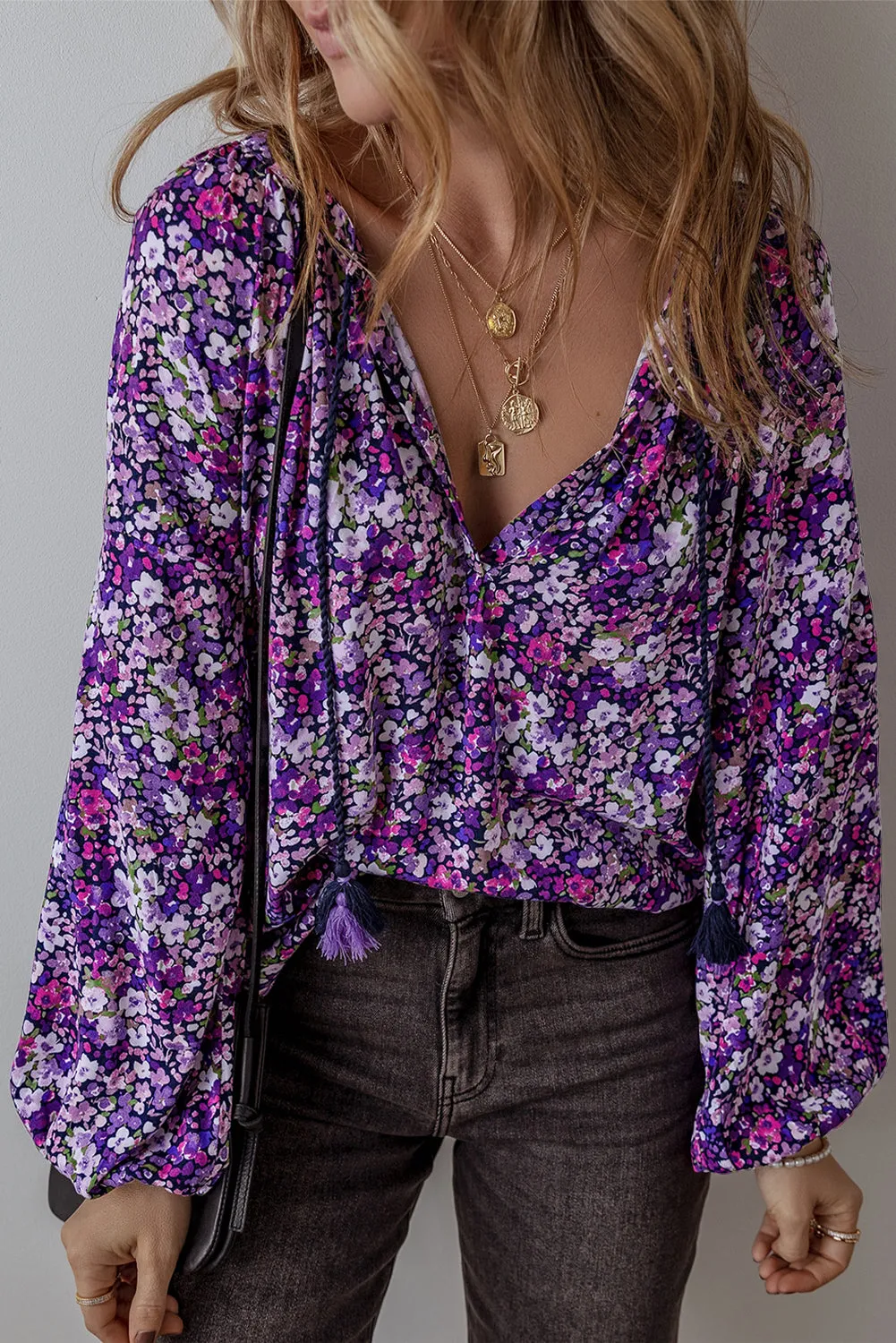 Purple Boho Flower Split V Neck Bubble Sleeve Blouse sold by Beagle Boutique