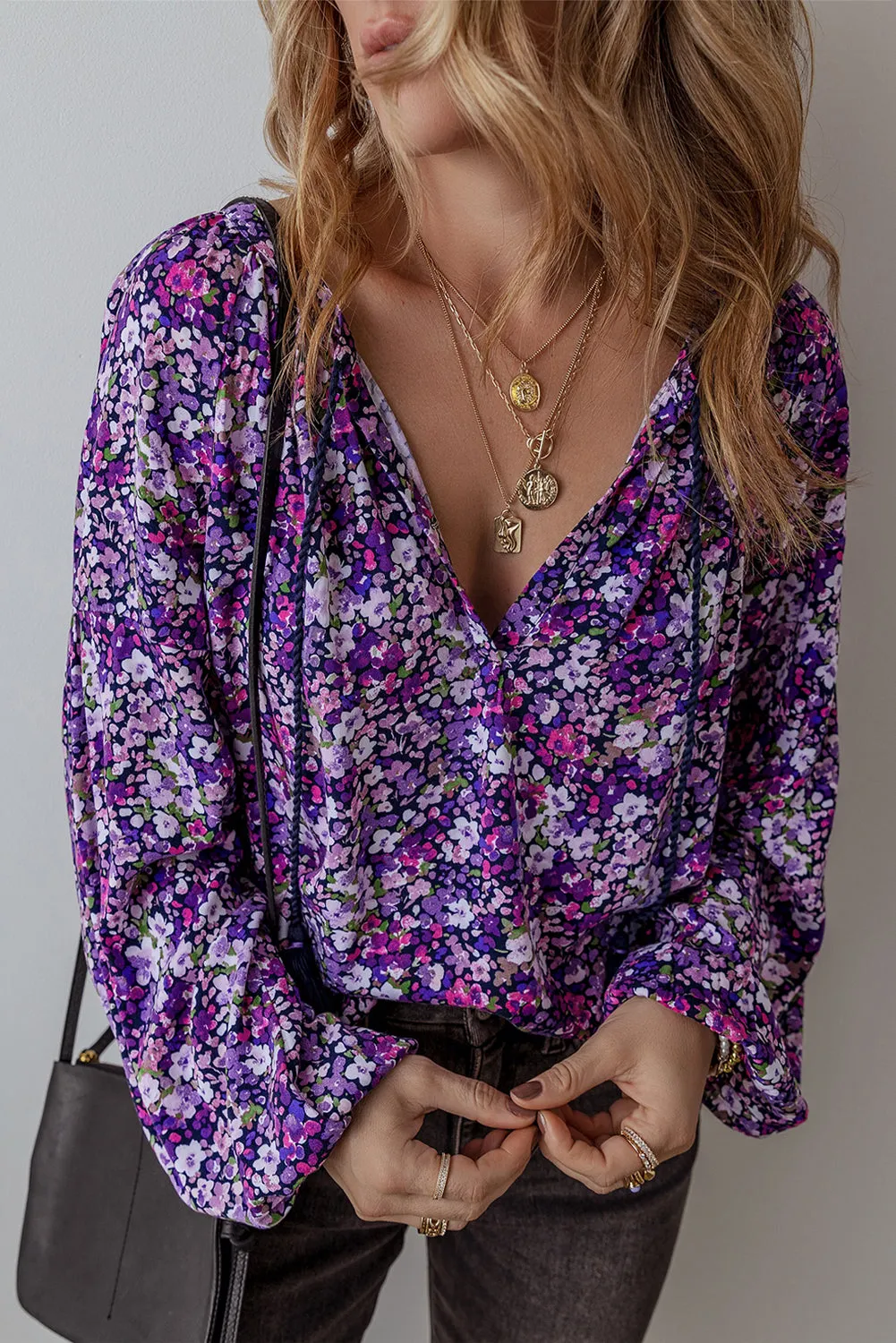 Purple Boho Flower Split V Neck Bubble Sleeve Blouse sold by Beagle Boutique product image thumbnail 3