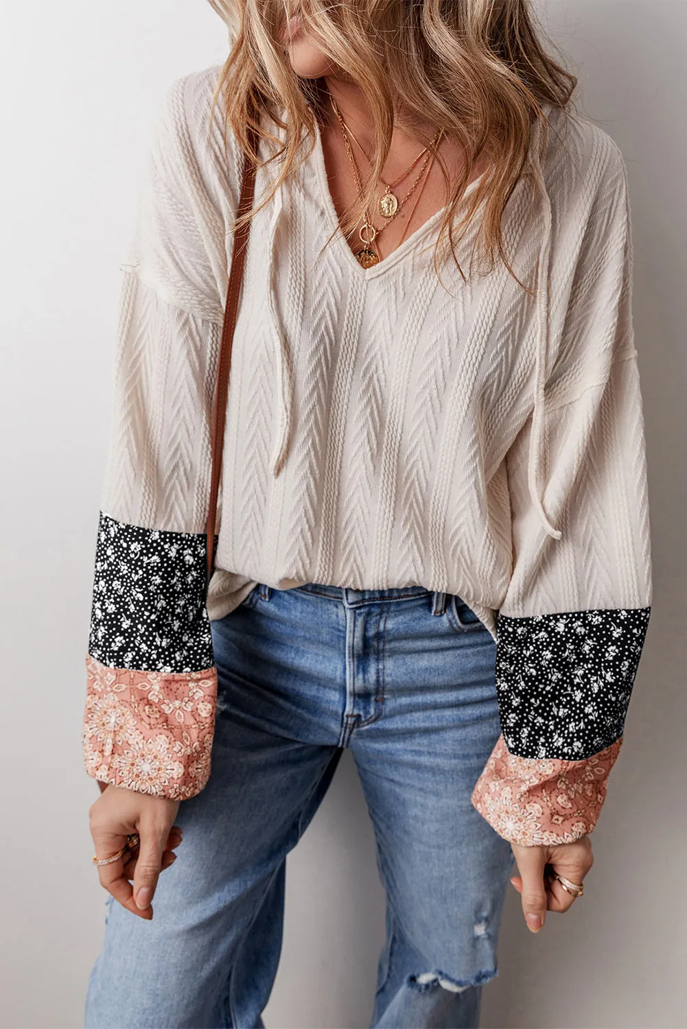 Floral Patchwork Textured Knit Drawstring V-Neck Long Sleeve Top sold by Beagle Boutique product image thumbnail 5