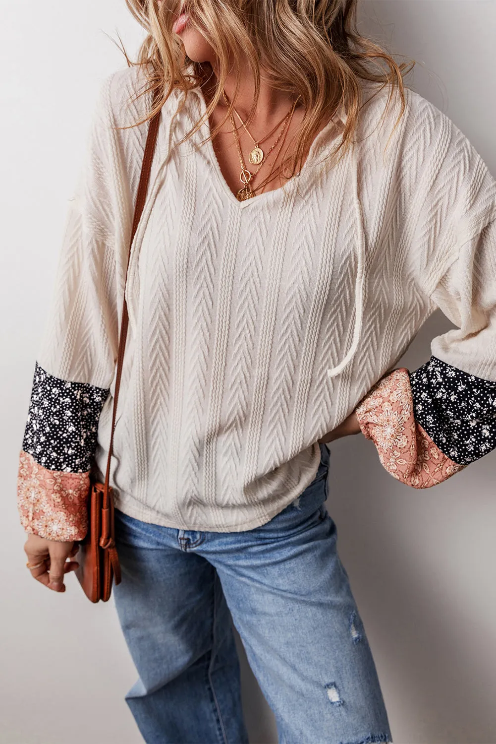 Floral Patchwork Textured Knit Drawstring V-Neck Long Sleeve Top sold by Beagle Boutique product image thumbnail 4