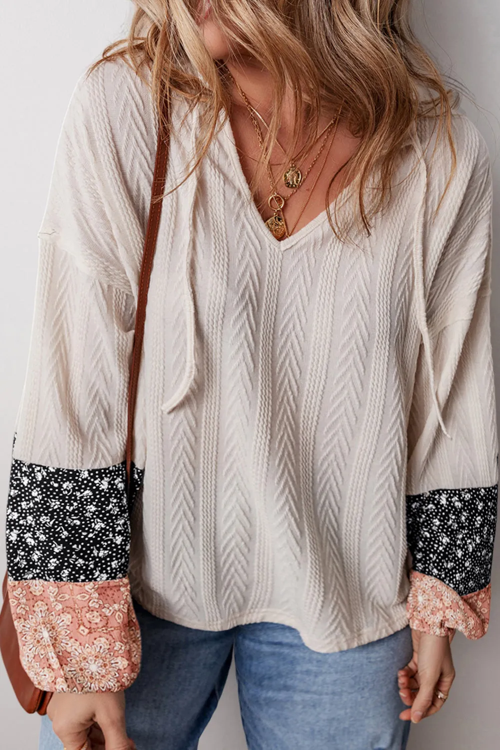 Floral Patchwork Textured Knit Drawstring V-Neck Long Sleeve Top sold by Beagle Boutique product image thumbnail 2