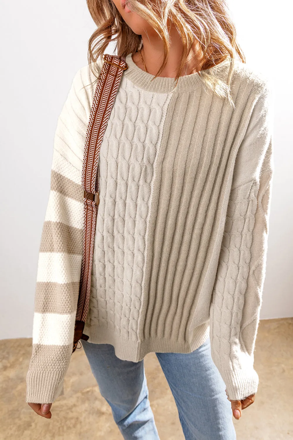 Khaki Cable Knit Colourblock Crew Neck Drop Shoulder Sweater sold by Beagle Boutique