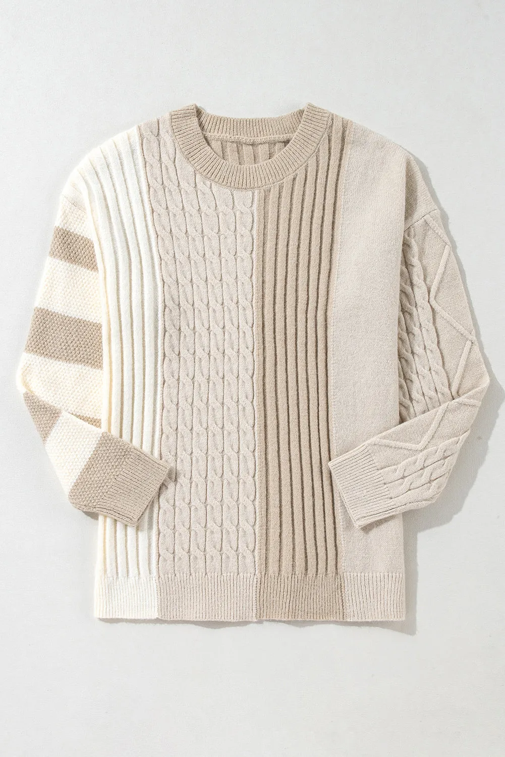 Khaki Cable Knit Colourblock Crew Neck Drop Shoulder Sweater sold by Beagle Boutique product image thumbnail 4