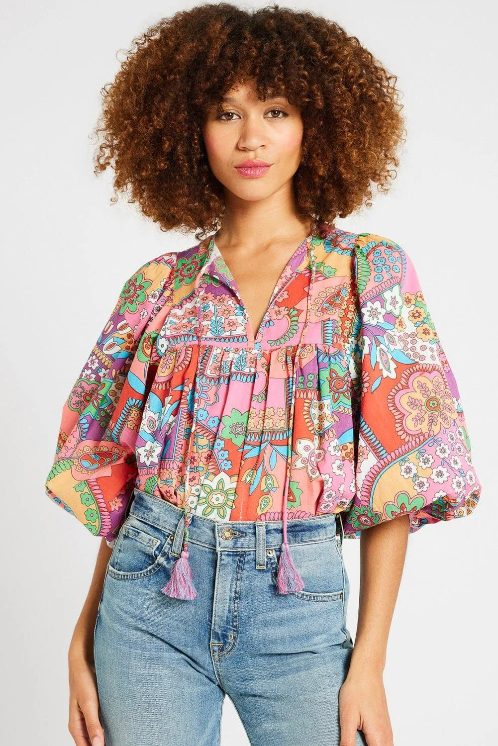Multicolour Boho Floral Bubble Sleeve Tassel Tied Neck Pleated Blouse sold by Beagle Boutique product image thumbnail 5