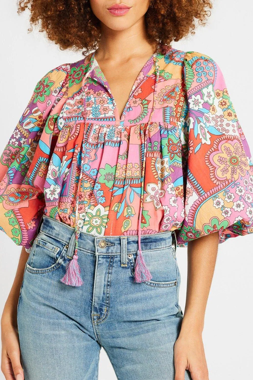 Multicolour Boho Floral Bubble Sleeve Tassel Tied Neck Pleated Blouse sold by Beagle Boutique