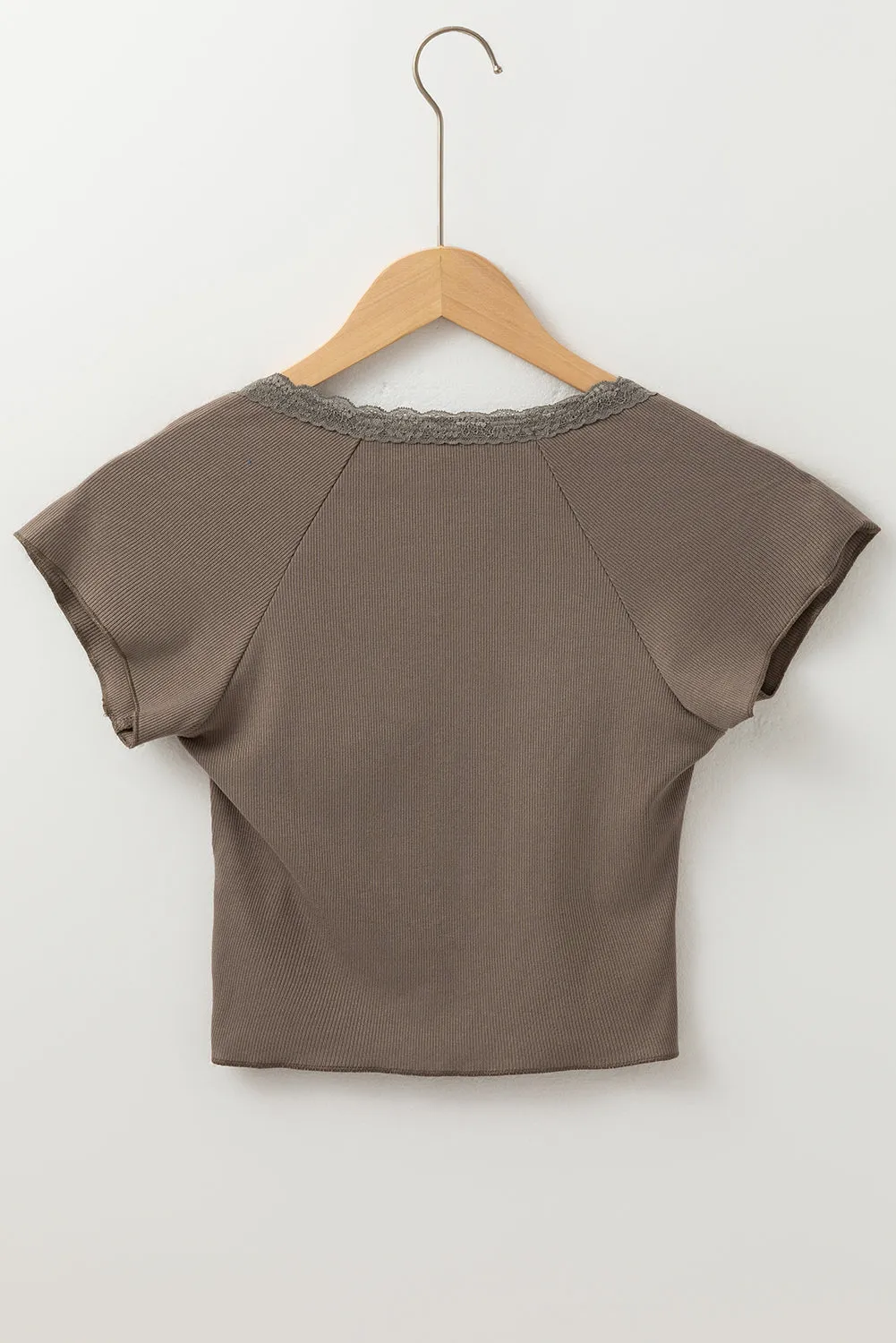 Dark Brown Lace Splicing Criss Cross Slim Fit V Neck T Shirt sold by Beagle Boutique product image thumbnail 5