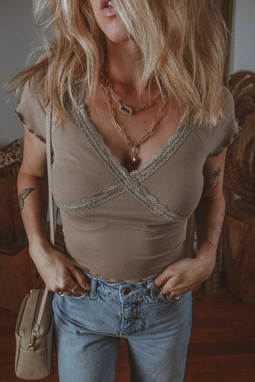 Dark Brown Lace Splicing Criss Cross Slim Fit V Neck T Shirt sold by Beagle Boutique product image thumbnail 3