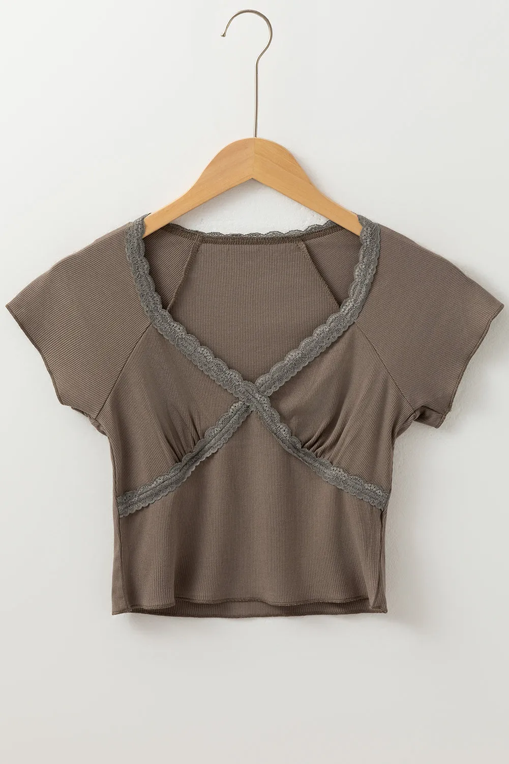 Dark Brown Lace Splicing Criss Cross Slim Fit V Neck T Shirt sold by Beagle Boutique product image thumbnail 4