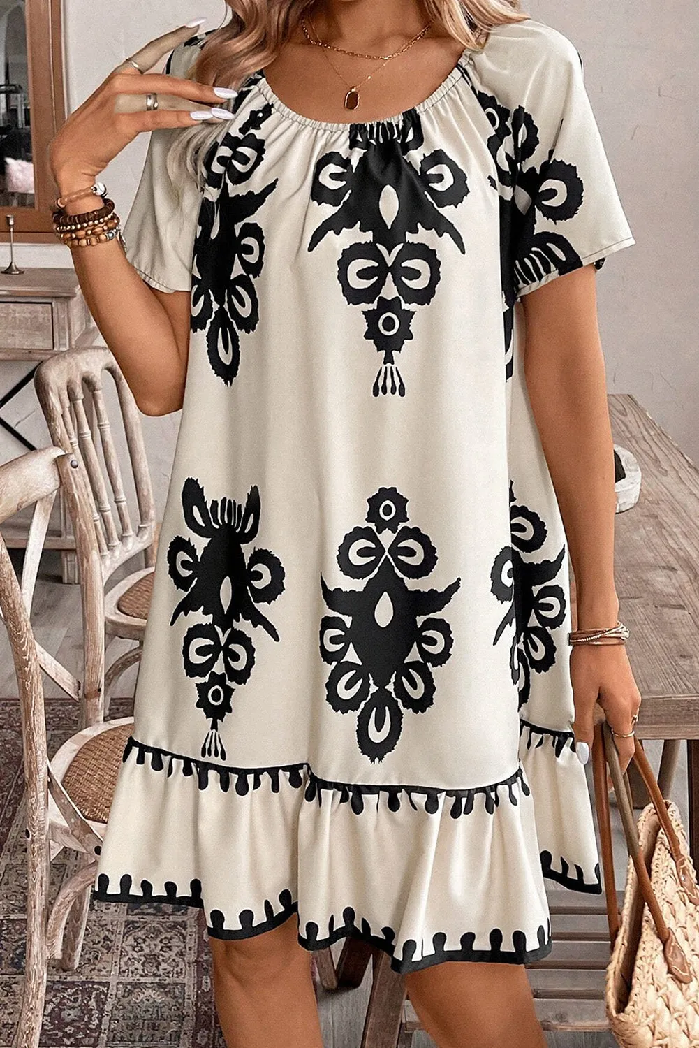 Beige Western Print Ruffled Short Sleeve Loose Dress sold by Beagle Boutique product image thumbnail 3