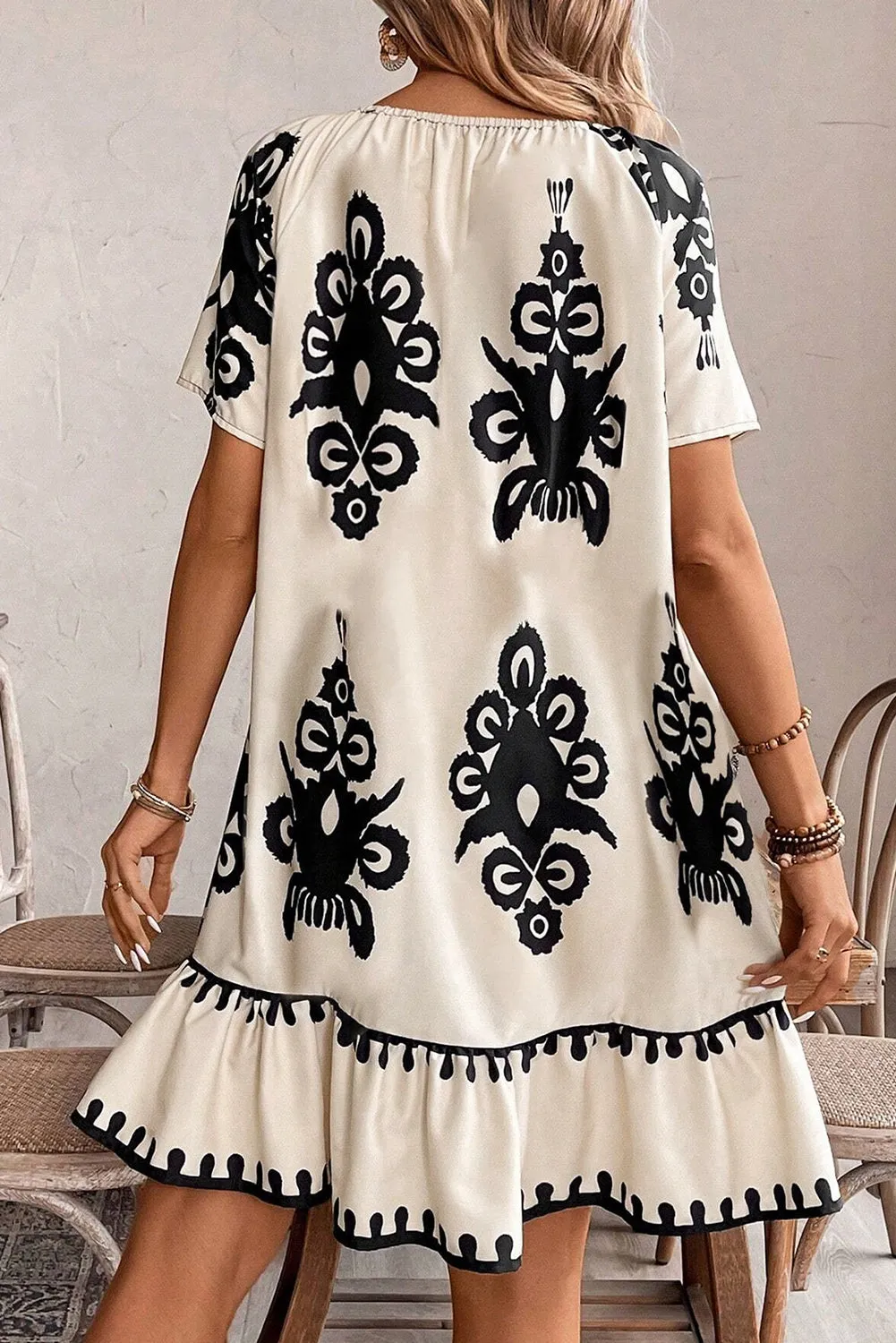 Beige Western Print Ruffled Short Sleeve Loose Dress sold by Beagle Boutique product image thumbnail 2