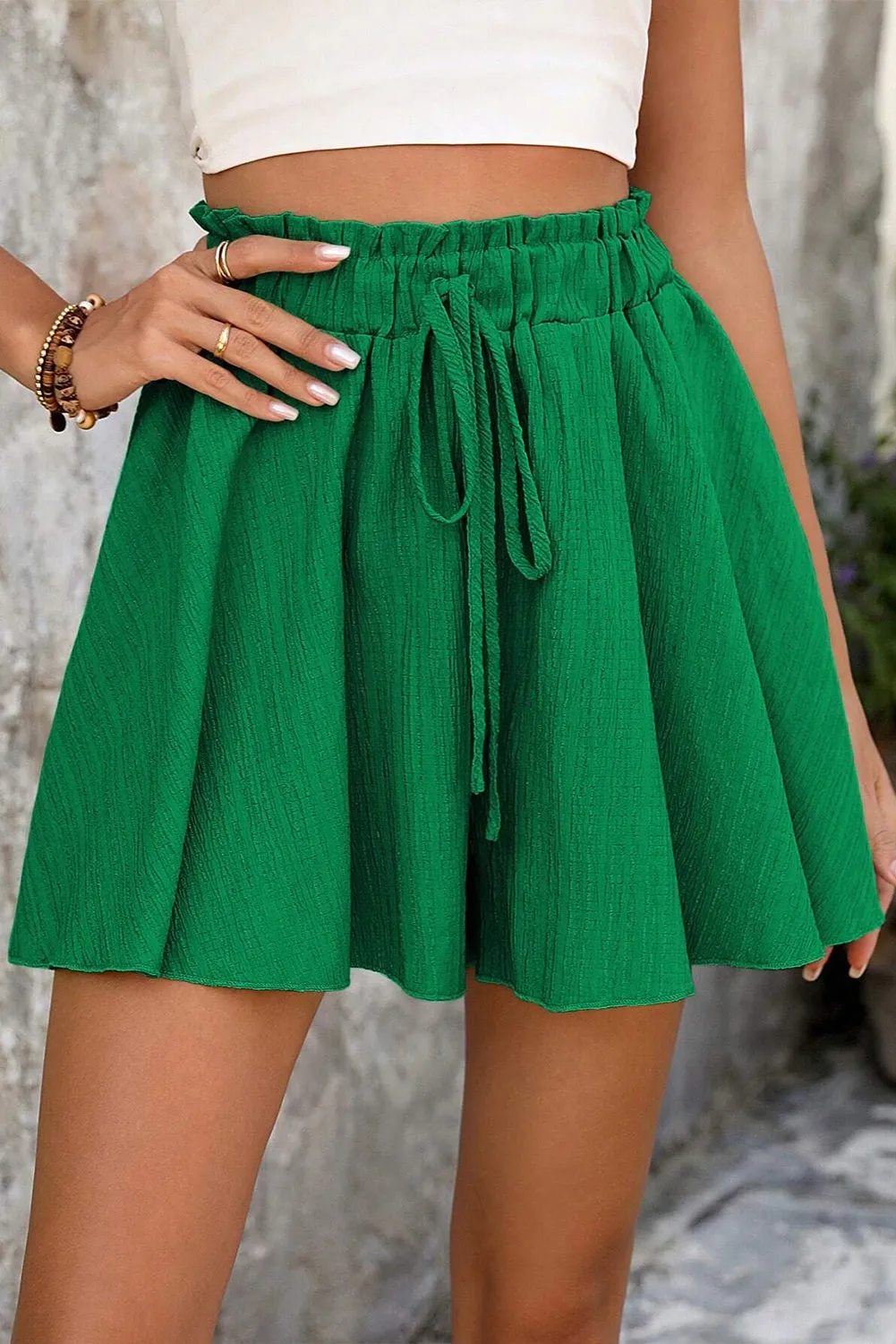 Dark Green Textured Frilled Lace-up High Waist Ruffle Wide Leg Shorts sold by Beagle Boutique