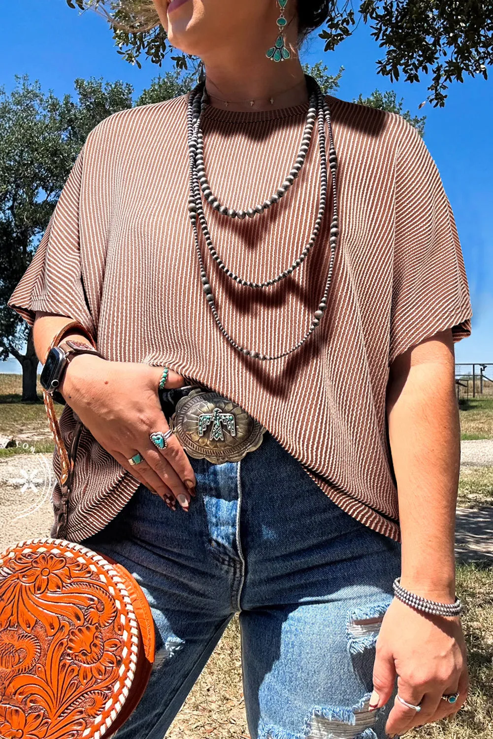 Smoke Grey Ribbed Striped Crew Neck Plus Size Knit T Shirt sold by Beagle Boutique product image thumbnail 3