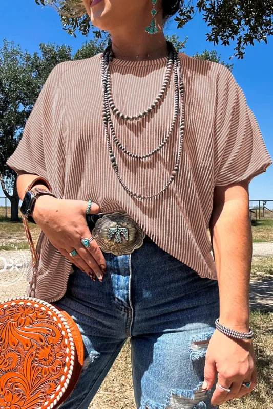 Smoke Grey Ribbed Striped Crew Neck Plus Size Knit T Shirt sold by Beagle Boutique