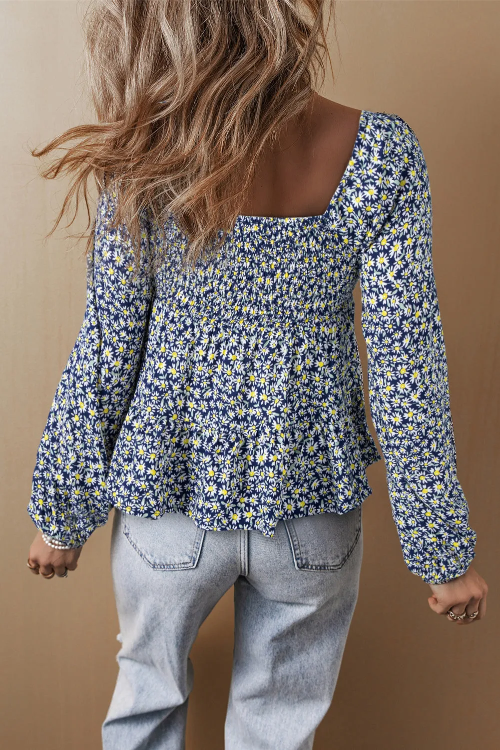Blue Boho Floral Print Smocked Square Neck Loose Fit Blouse sold by Beagle Boutique product image thumbnail 2