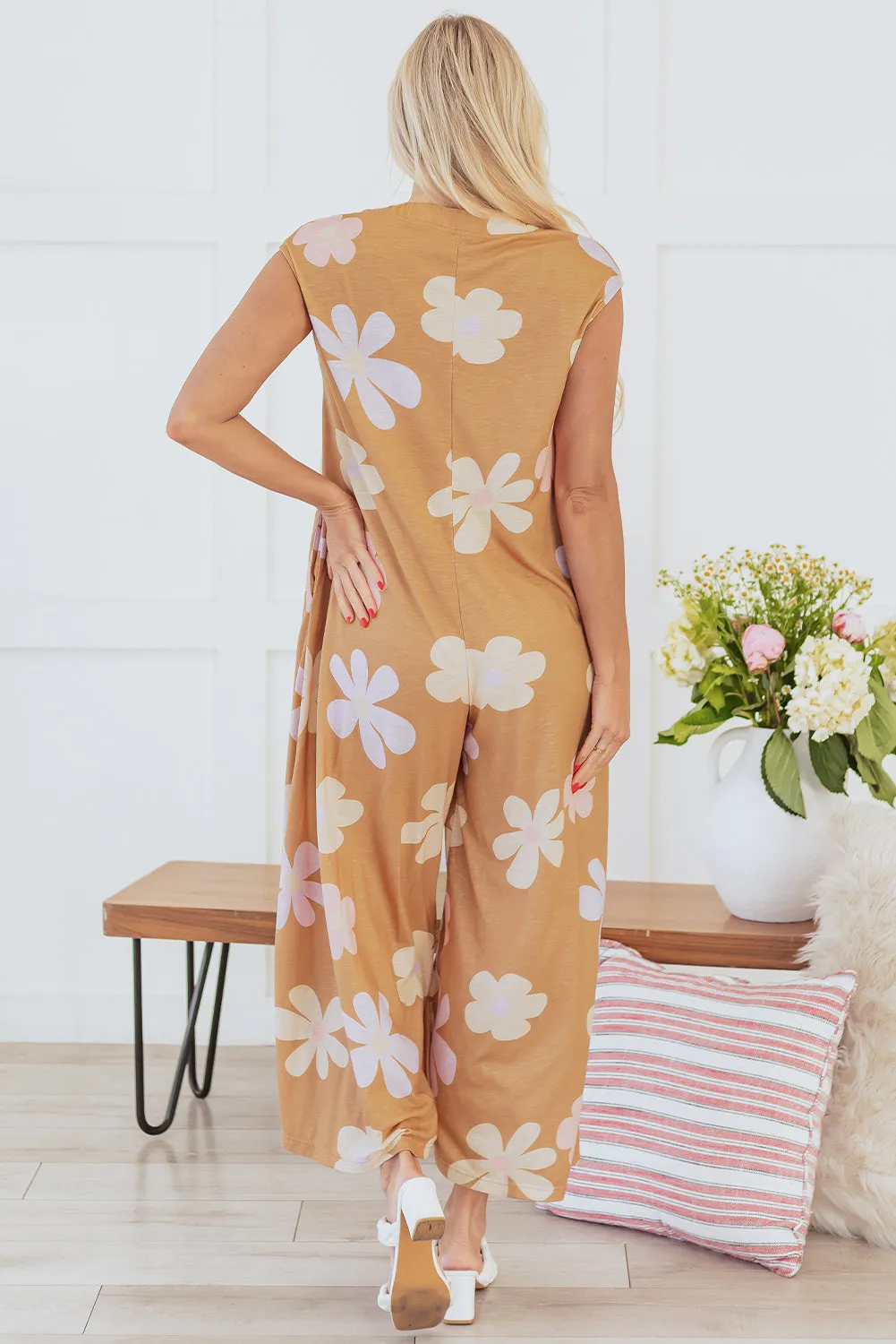 Khaki Floral Print Sleeveless Button up Wide Leg Loose Jumpsuit sold by Beagle Boutique product image thumbnail 2